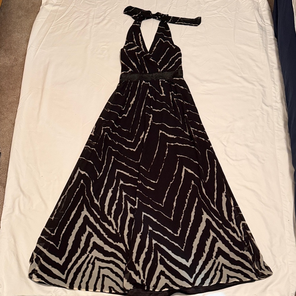 Express One-Shoulder Chevron Maxi Dress in Black and Cream